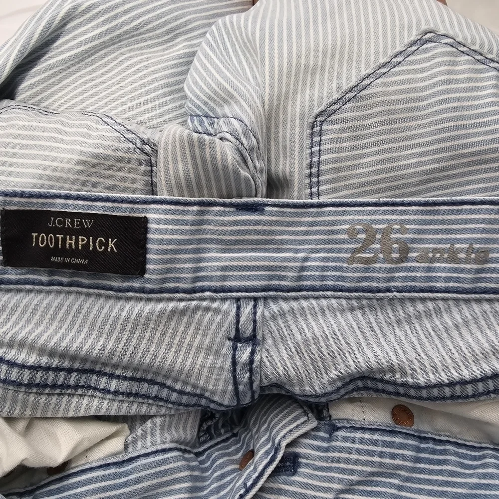 J crew toothpick stripped jeans with ankle zippers on the size